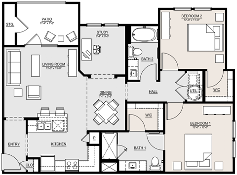 Floor plan for 2 beds, 2 baths, 1155 sqft